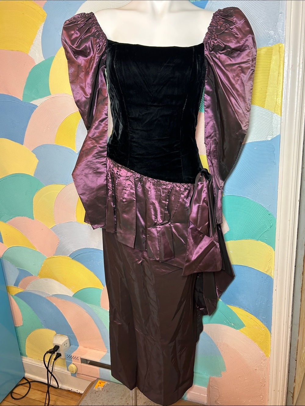 Women's Vintage 1980s Purple Satin & Black Velvet Coat Dress